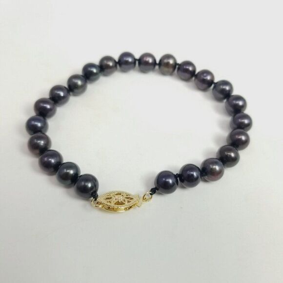 Vintage Black Cultured Pearl Beaded Bracelet, Yellow Gold Filled Clasp, Estate - Picture 9 of 9